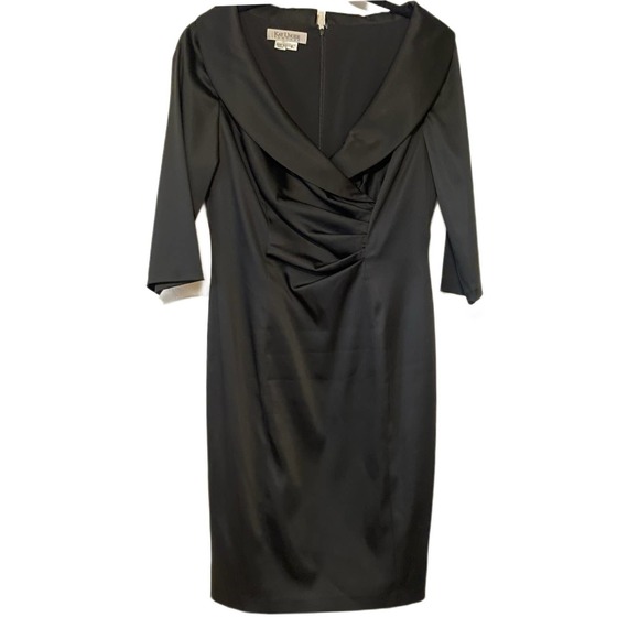 Kay Unger Portrait Black Satin V-Neck Shawl Collared Sheath Evening Dress Size 8 - Picture 2 of 6